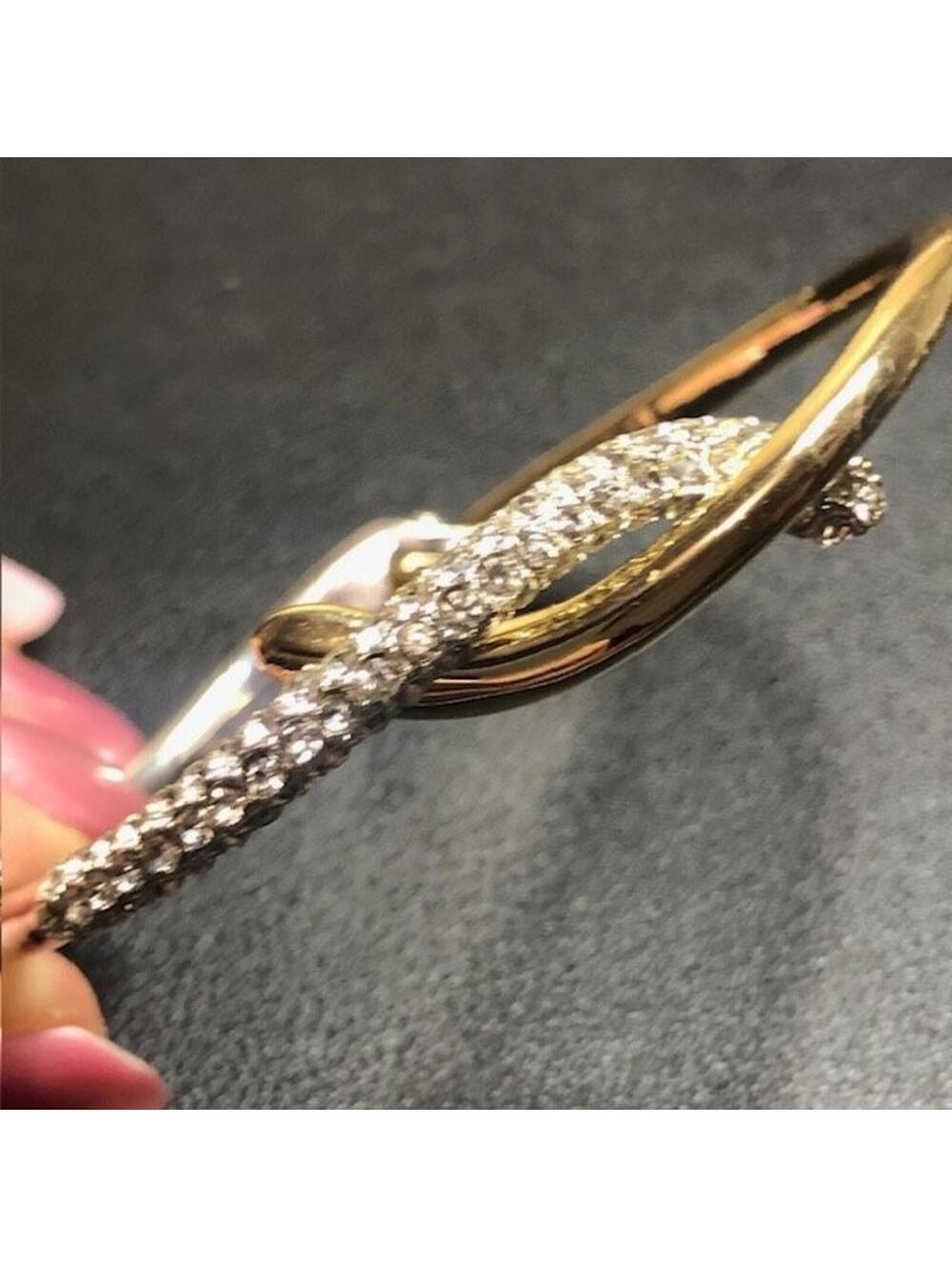 B1903 Anne Klein Hinged Bangle Bracelet Two Tone Crystal Pave Crossover
